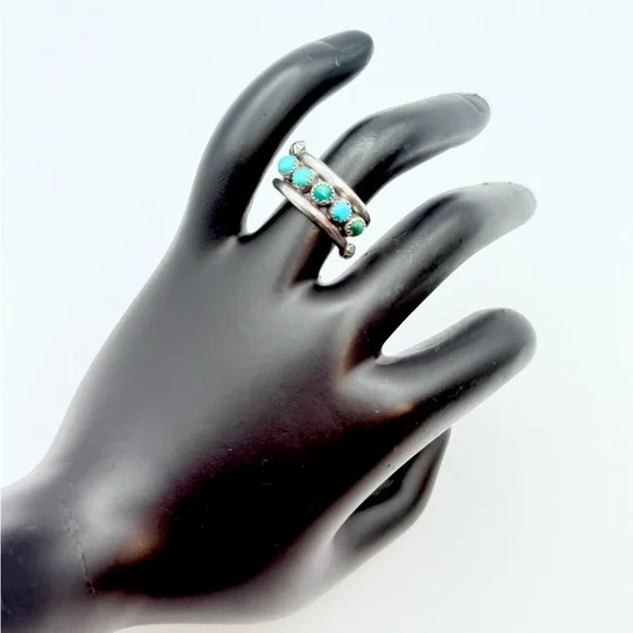 Vintage Turquoise Sterling Silver Ring - Native American 5-Stone Snake Eye - Picture 9 of 9